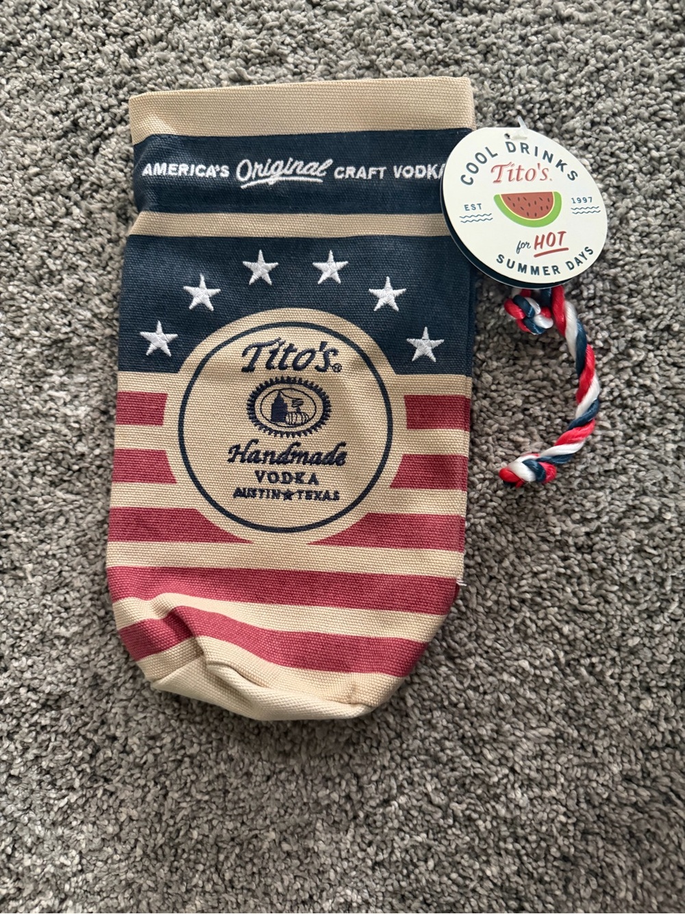 NEW Collectible Tito's Handmade Vodka 750ml American Flag Burlap Bottle Bag